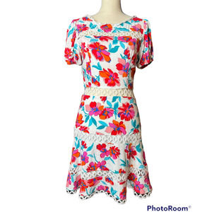 B Darlin Dress in Pink Blue Multicolored Floral with Crochet Cutouts Size 5/6